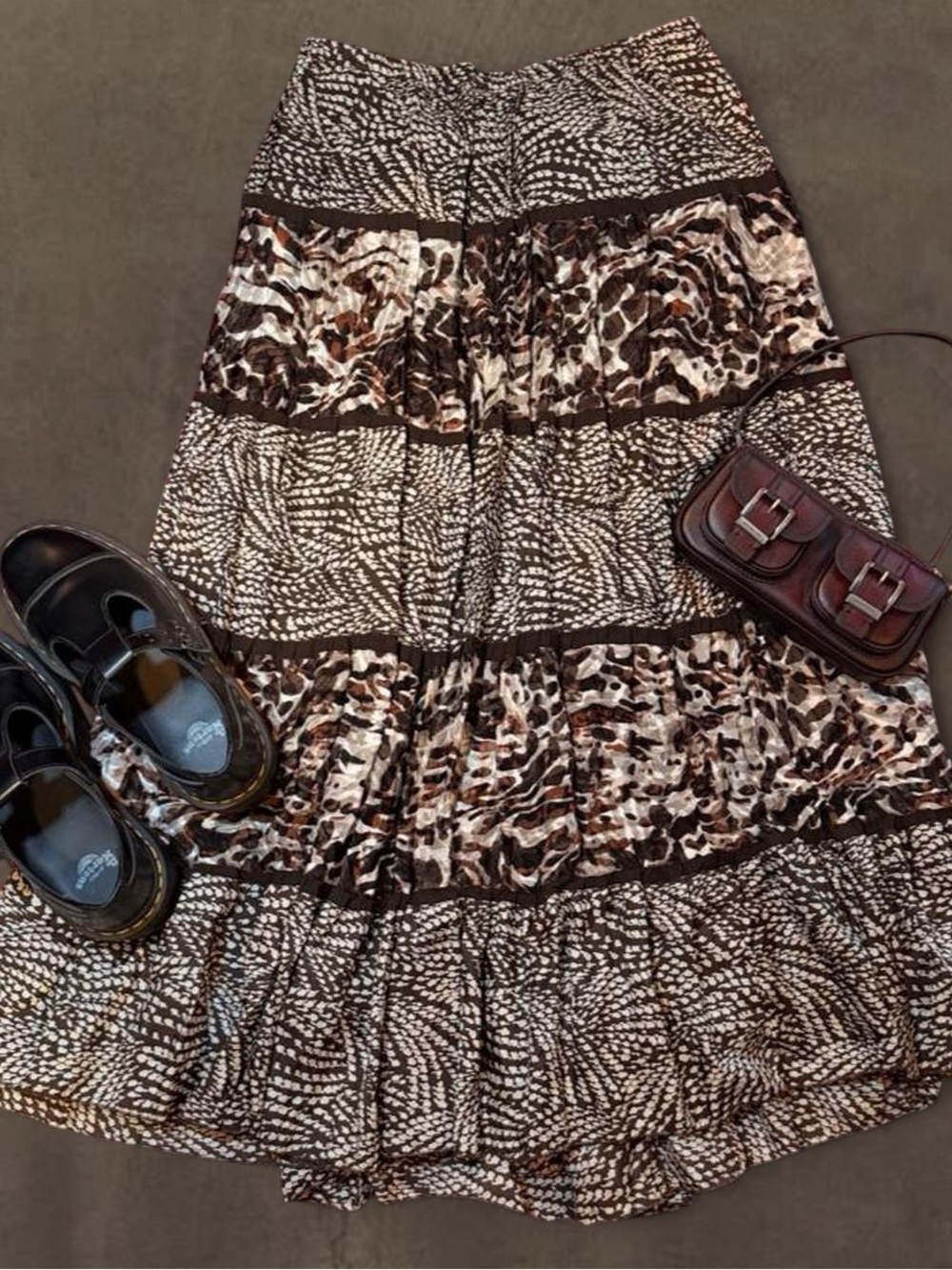Tiered Brown & White animal Patterned Maxi Skirt